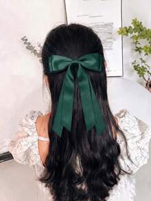 2Pcs Green Satin Hair Bows For Women Girls Silk Long Ribbon French Barrette Clip Girls Ponytail Hair Accessories Cutecore Fall - Dark Green - View 3