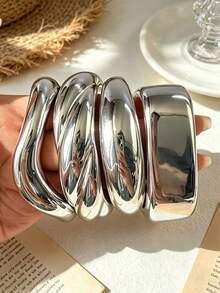 4/3/1pc Set Minimalist High-Polished Shiny Silver CCB Square Solid Smooth Wavy Twisted Wide Open Cuff Bracelet Set For Women, Daily Commute, Office, Banquet, Party, Beach, Vacation, Date, Wedding, Holiday, Gift, Multi-Layer Stacking, Simple Metal Bangle Accessory - Silver - View 6