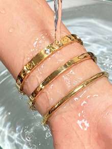 3Pcs Women Stainless‑Steel Bangle Set,Gold‑Tone Clover Rhinestone LOVE Buckle Stackable Buckle Bracelet Jewelry - Gold - View 2