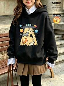 2026 Autumn/Winter Girls' Custom Loose Black Hooded Sweatshirt, Cat, UFO, And Planet Cartoon Fun Style - Black - View 12