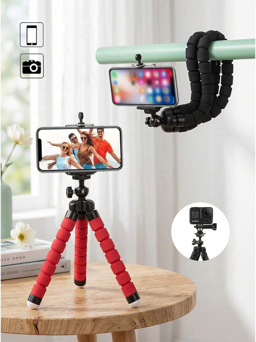 Flexible Octopus Tripod For Phone And Camera, Portable Mini Tripod With Universal Phone Holder, Bendable Sponge Legs, Adjustable Ball Head, For Vlogging, Selfie, Live Streaming, Compatible With Smartphone, And Small Digital Cameras - Multicolor - View 1