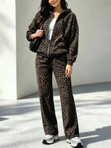 Autumn Fashion Casual Sporty Chic Women's Commuter Set, Comfortable Loose Patchwork Colorblock Full Leopard Print Long Sleeve Jacket Top + Straight Leg Pants 2 Pieces Set, Effortless Chic Autumn Outfit, Recommended Autumn Must-Have Set - Brown - View 2