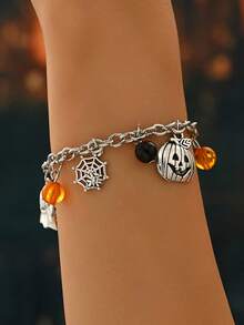Halloween Element Personalized Metal Hand Jewelry Ghost Bat Spider Web Pumpkin Multi-Pendant Chain Bracelet - Silver - View 3
