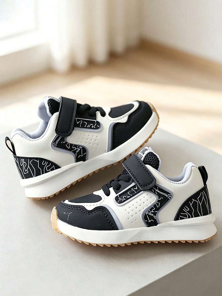 1 Pair Kids Hook & Loop Athletic Shoes, Lightweight Mesh Breathable Soft Sole Walking Shoes, Colorblock Patchwork Casual Sneakers, Non-Slip Durable Running Shoes - Black - View 1