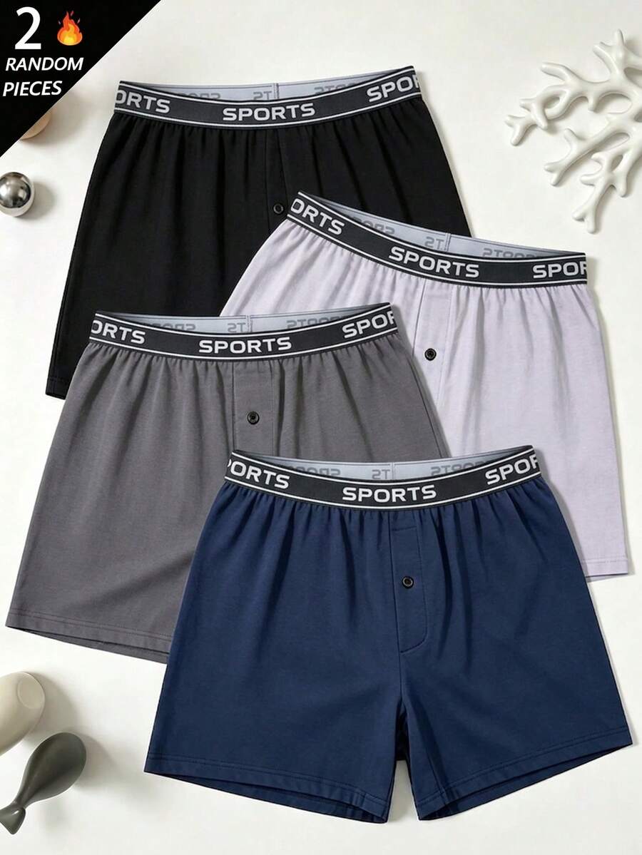 Random 2pcs Men's Long Boxer Briefs, Polyester Fabric, Soft & Comfortable, Suitable For Casual Home Wear, Men's Gift