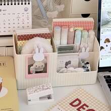 Multi-Compartment Desktop Stationery Organizer, Large Capacity Pen Holder Storage Box, Suitable For Back To School Season, Multi-Compartment Design Can Store Pens, Sticky Notes, Stickers, Cute Aesthetic Desktop Decor - Striped Storage Box - View 13