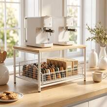1pc Space-Saving Kitchen Countertop Storage Rack With Drawer And Metal Wire Basket, Fully Detachable Hardwood And Metal Storage Shelf, Suitable For Coffee Machine, Seasoning, Utensils, Microwave Oven, Multi-Functional Storage Rack - Multicolor - View 3