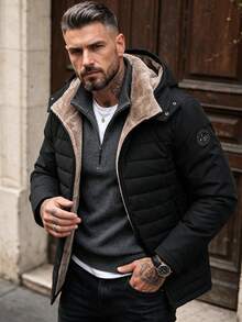 Men's Winter Casual Daily Stand Collar Detachable Hooded Fleece Jacket - Black - View 5