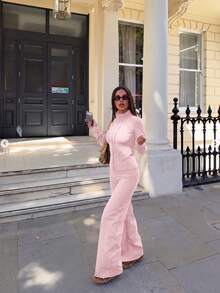 2 Pieces Sportswear Set, Includes Stand Collar Zipper Long Sleeve Top And Wide Leg Pants, Suitable For Spring And Autumn - Pink - View 9