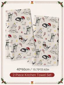 2pcs Christmas Cartoon Cat & Holly Berry Pattern Kitchen Towels, Soft Polyester Dish Cloths, Suitable For Kitchen Decor, Kitchen Cleaning, Holiday Party Decoration, Kitchen & Bathroom Supplies, Home Essentials, Home Decor, Housewarming Gift - Multicolor - View 8