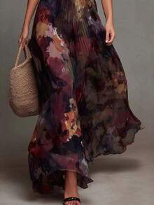 Vestido femenino de gasa fluida, escote V profundo, estampado de pintura artística, cintura entallada, falda amplia vaporosa - Marrón - Ver 5
