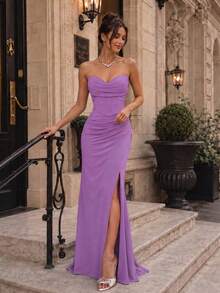 VIPGIRL Elegant Women's Strapless Long Formal Dress, Slit Design, Backless Cut, Perfect For Balls And Evening Parties. - Purple - View 1