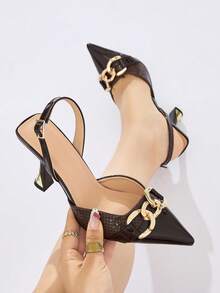 Women's Gold Chain Decor Pointed Toe Slingback Metal Chunky High Heel Elegant Coffee Color Glossy Sequin Material Open Back Pumps Suitable For Party Date Evening Dinner Spring Summer Autumn Winter - Coffee Brown - View 1