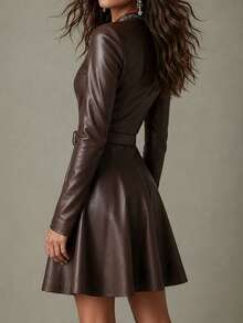 Women's Vintage Brown Faux Leather A-Line Mini Skirt, Long Sleeve PU Dress With Large A-Line Hem, Autumn Style - Coffee Brown - View 4