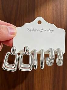 6/18pcs Women's Earring Set/Light Luxury Shiny Silver Earrings.Flower, Starfish, Water Drop, C-Hoop Layered Earrings/Niche Design Vintage Minimalist Style Multi-Combination Earrings/Versatile European And American Style Suitable For Commuting, Vacation.(Lightweight Ccb Material, Non-Fading) - Silver - View 5