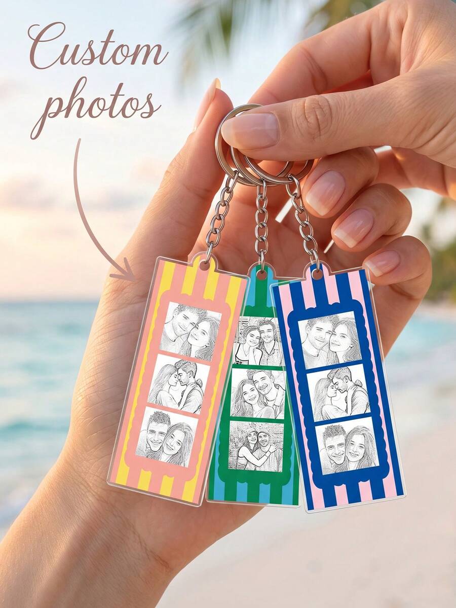 1pc Custom Photo Keychain For Couples, Personalized Strip Style Key Ring, Romantic Couple Memory Keepsake Gift For Boyfriend Girlfriend - Multicolor - View 1