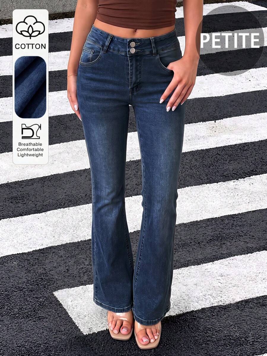 Retro Elegant High Waist Button Slim Fit Low Waist Sexy Casual Washed Solid Color Jeans Spring ,Petite Women Fall - Dark Wash - View 1