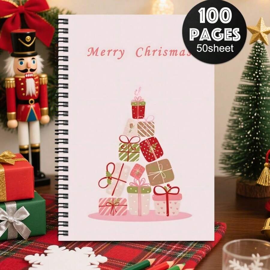 A5 Spiral Notebook, 100 Pages, 50 Sheets, 2D Flat Christmas Gift Box Tree Lid Pattern Cover, Wire-O Binding Lined Notebook, Holiday Theme Stationery, Back To School Supplies, Christmas Gift Notebook - Minimalist Christmas Style - View 1