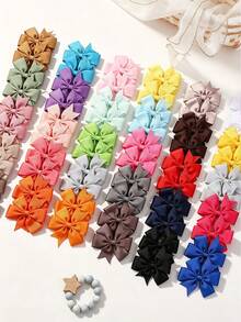 60/40pcsGirls Multicolor Solid Grosgrain Bow Hair Clips Set, Sweet Matching Pair Bow Hairpins, Cute Hair Accessories For Kids Daily Dress‑Up Party - Multicolor - View 4