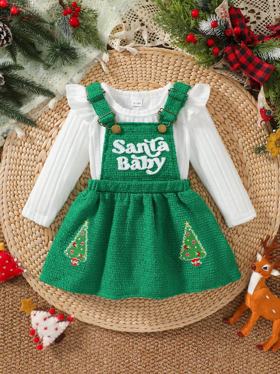 Baby Girl Christmas Tree Embroidered Ribbed Long Sleeve Top & Chunky Knit Suspender Dress 2pcs Set, Soft Skin-Friendly Sweet Party Outfit For Autumn/Winter - Green - View 1