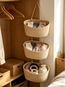 Wall-Mounted Woven Rope Storage Basket, 3-Tier Over-The-Door Hanging Basket, Bathroom Wall-Mounted Jute Storage Organizer, Decorative Nursery Storage Basket, Suitable For Small Gift Basket, Laundry Basket, Home Storage Organizer - Multicolor - View 4