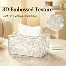 1pc Luxury Style 3D Embossed Texture Tissue Box, Transparent Decorative Napkin Holder, Large Capacity Napkin Storage Box, Suitable For Bathroom, Living Room, Bedroom Home Aesthetic Decor - View 4