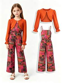 Tween Girl 2pcs Set Vintage Knit Short Jacket And Tank Top Jumpsuit, Autumn/Winter - Purple - View 1