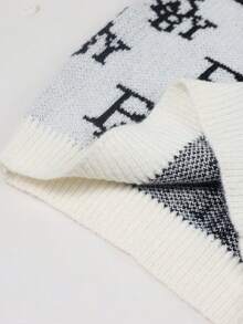 Boys' & Teens' All-Over Letter Print Crew Neck Sweater, Spring/Autumn Black & White Contrast Knit Pullover, Versatile Inner Layer Top For Big Kids - White - View 7