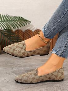 Khaki Monogram Print Women's Flat Shoes, Simple Pointed‑Toe Slip‑Ons, Versatile Casual Footwear For Daily Commuting - Khaki - View 2