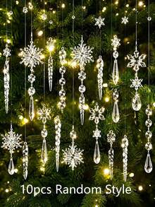 10/18pcs Acrylic Crystal Snowflake & Icicle Christmas Ornaments Set, Clear Faceted Drop Pendants With White Ribbon, Shatterproof Xmas Tree Hanging Decorations For Window Mantel Holiday Wedding Party Decor, Christmas Home Decor, Winter Decoration - A - View 13