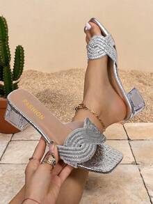 1 Pair Women Silver Twisted Rhinestone Wide Strap Slide Sandals, Slip On Daily Party Dress Footwear - Silver - View 3