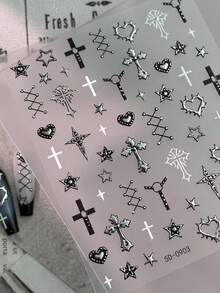 1pc 5D Embossed Black Straps Nail Art Stickers Silver Rivets Crosses Thorns Hearts Dark Nail Decals Circular Strap Star Gothic Manicure Decoration - Multicolor - View 4