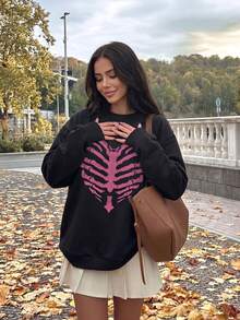 Y2K Halloween Women's Pink Heart Skull Graphic Long Sleeve Crew Neck Loose Sweatshirt, Back To School Daily Commute Autumn Versatile Top - Black - View 1