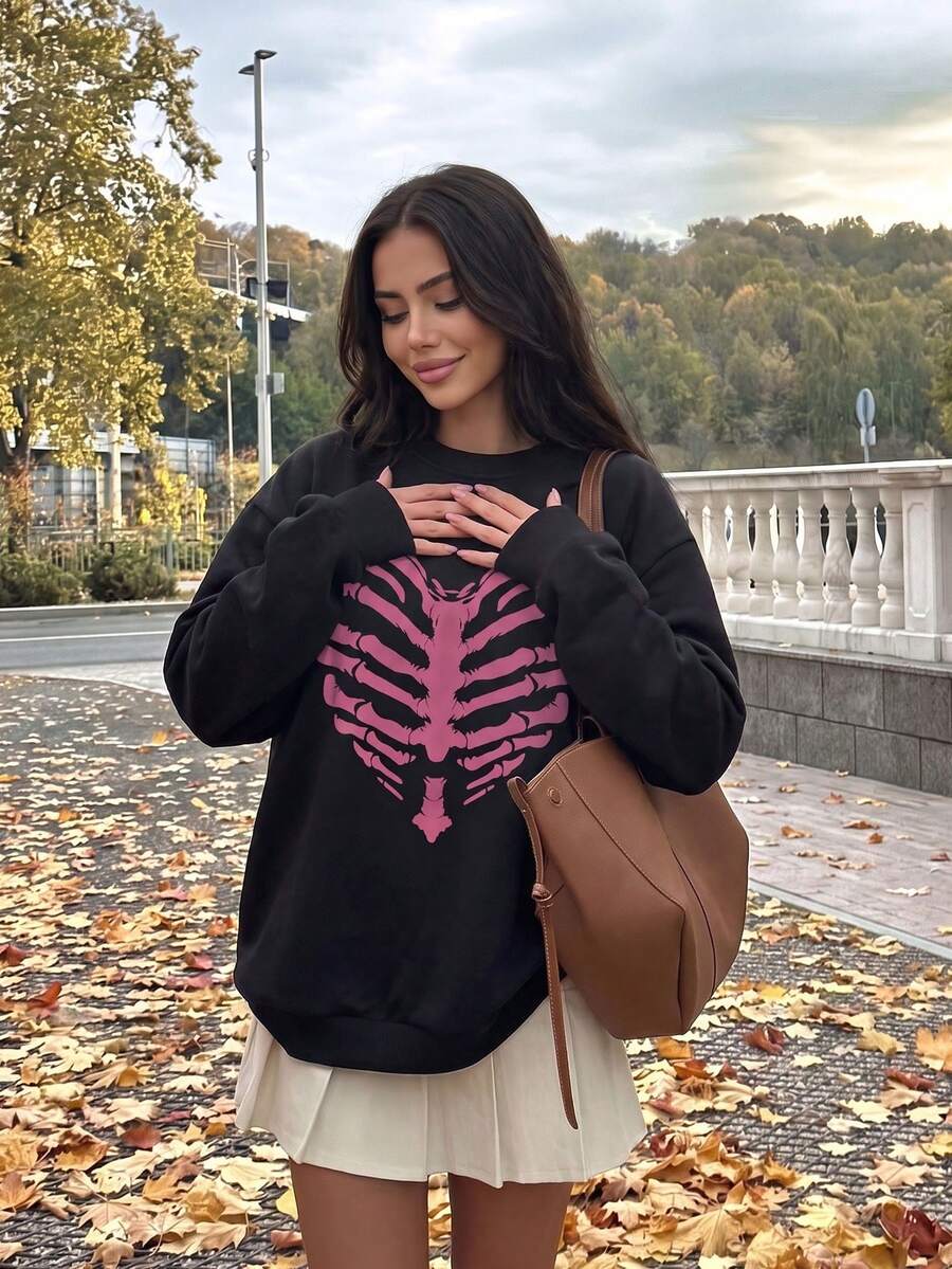 Y2K Halloween Women's Pink Heart Skull Graphic Long Sleeve Crew Neck Loose Sweatshirt, Back To School Daily Commute Autumn Versatile Top - Black - View 1