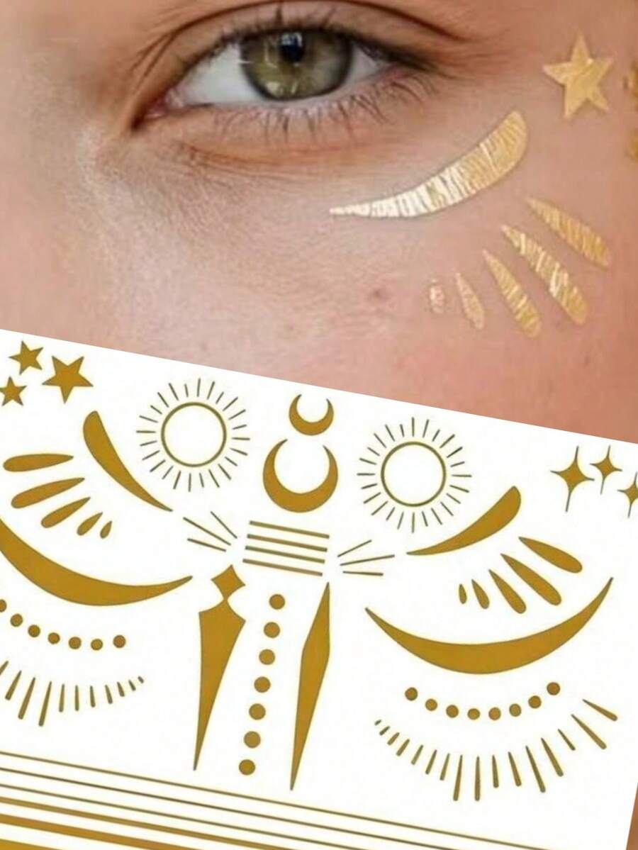 1pc Gold Star & Crescent Moon Face Sticker, Self-Adhesive Makeup Decal For Face, Party, Haunted House, Anime Convention Cosplay, Clubbing & Stage, Under Eye & Cheek Decorative Makeup Sticker, Niche Gothic Style Atmospheric Creative Makeup Face Sticker - Gold - View 1