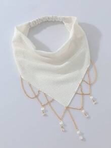 1件原創花卉圖案女款刺繡捲邊珠鏈裝飾髮帶，適合日常與度假使用 - 白色 - 查看 3