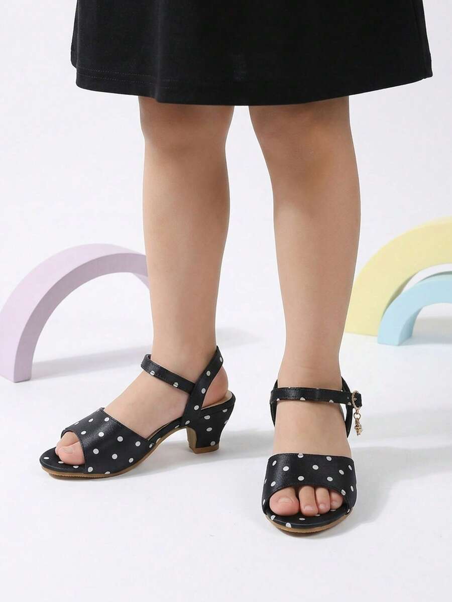 1 Pair Girls' Black Polka Dot Buckle Cute High Heel Sandals, Suitable For Party, Performance, Daily Wear, Shopping - Black - View 1