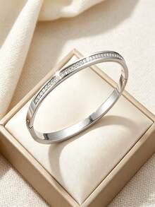 2pcs Minimalist Premium Silver Stainless Steel Rhinestone Inlaid Rotating Ball Bracelet, Women's Commute Party Atmosphere Accessory, Daily Outing Date Wear Highly Attractive Decorative Bangle - Silver - View 4