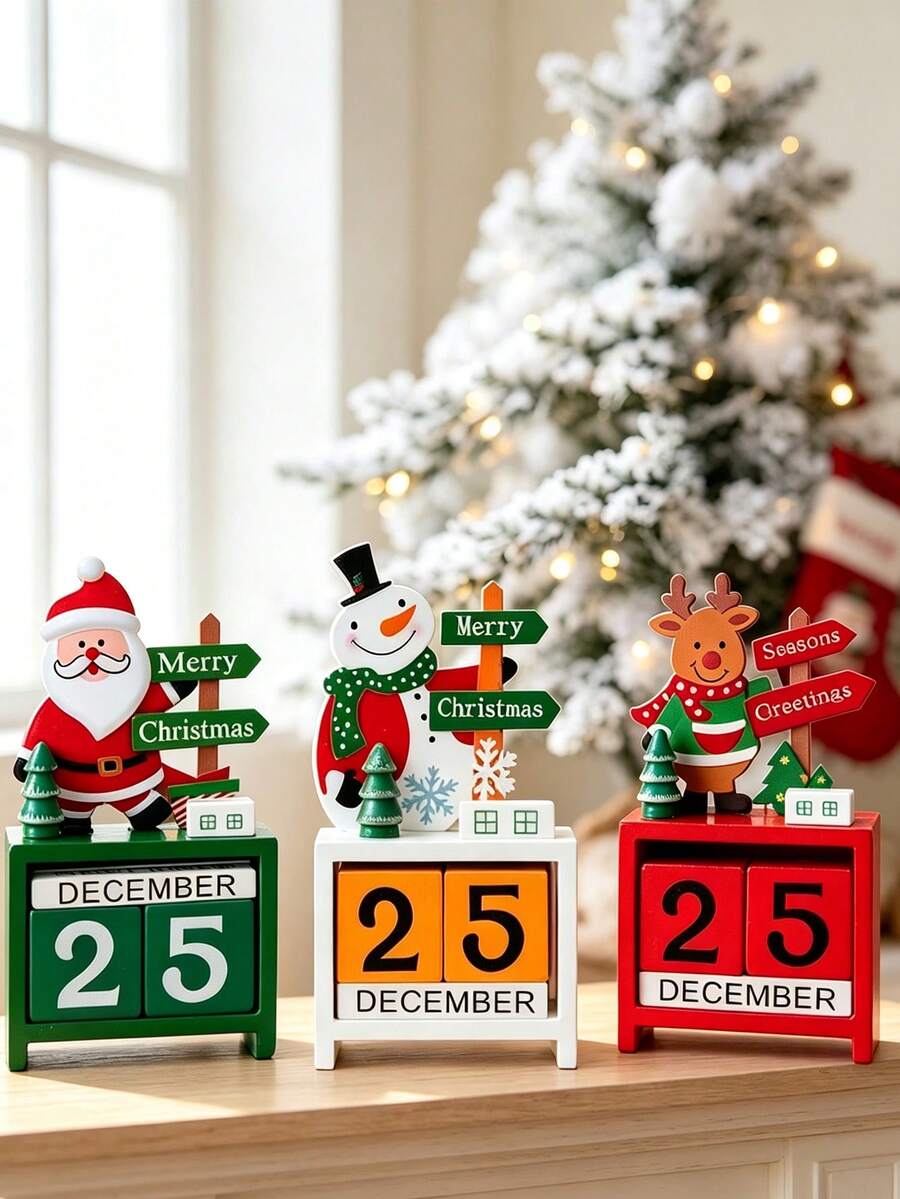 3/1pc Christmas Countdown Advent Calendar, Adjustable Number Calendar, Christmas Countdown Desktop Wooden Decoration Home Decor Office Decoration Adult Fun Gift, Santa Claus, Wooden Advent Calendar, Christmas Office Decor, Santa Claus And Reindeer, Wooden Block Calendar For Office Desk, Small Size Daily Desktop Perpetual Calendar, Date Display Desktop Accessory, Christmas Decoration - Multicolor - View 1