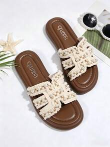 Women's Pearl Decor PU Flip Flops, Thick Sole Elevated Soft Bottom Anti-Slip Slippers, Suitable For Home And Outdoor Wear, Perfect For Halloween, Back To School, Beach, Commute And Spring, Summer, Autumn - D - View 6