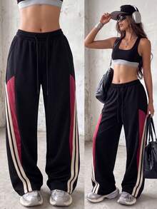 Knot & Curve Women's Long Pants Spring/Autumn Drawstring Elastic Waist Colorblock Striped Patchwork Wide Leg Draped Athletic Sweatpants Versatile Casual Pants - Black - View 1