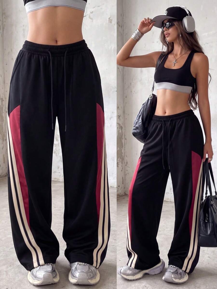 Knot & Curve Women's Long Pants Spring/Autumn Drawstring Elastic Waist Colorblock Striped Patchwork Wide Leg Draped Athletic Sweatpants Versatile Casual Pants - Black - View 1