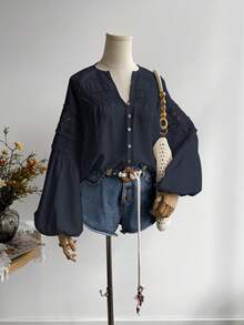 Rusttydustty Women's Standard Size Long Sleeve Blue Lace Blouse, Casual Vacation Bohemian Style, Suitable For Autumn - Navy Blue - View 6