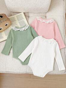 3pcs Spring/Autumn Baby Girl Ribbed Long Sleeve Bodysuit With Lace Trim, Side Snap Closure, Belly Cover, Bodysuit Crawl Suit - Multicolor - View 2
