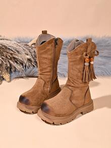 Girls' Vintage Tassel Tall Western Boots, Distressed Thick Sole Side Zipper Mid-To-Large Kids' Long Riding Boots - Camel - View 2