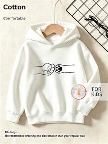 Children's Hooded Sweatshirt, Fist Bump & Pet Paw Line Art Print Pure Cotton Pullover - White - View 9