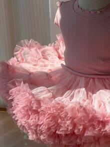 1pc Girls Cute Fancy Dreamy Sweet Princess Colorblock Heavy Work Layered Ruffled Tulle Cake Tutu Skirt Birthday Gift Christmas Thanksgiving New Year Party Banquet All Seasons Wear - Watermelon Pink - View 6