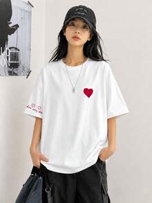 Women's Loose Fit Round Neck Short Sleeve Letter & Heart Print T-Shirt, Fashion For Spring/Summer Casual White - White - View 1