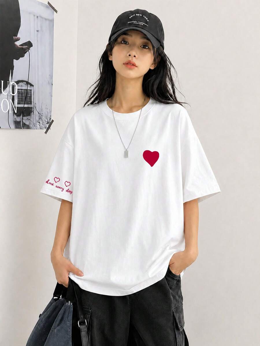 Women's Loose Fit Round Neck Short Sleeve Letter & Heart Print T-Shirt, Fashion For Spring/Summer Casual White - White - View 1