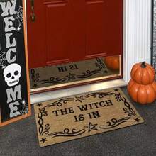 1pc "Witch Here" Magic Doormat, Plush Material, 0.4 Inch Thick, 1.28 Lbs, Brown Base With Black Stars And Spell Design, Suitable For Halloween - Apricot - View 5